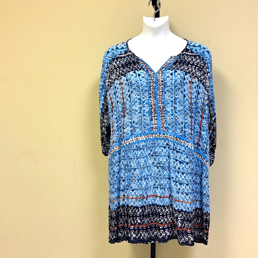 NIC+ZOE Blue Black Patterned V-Neck Tunic